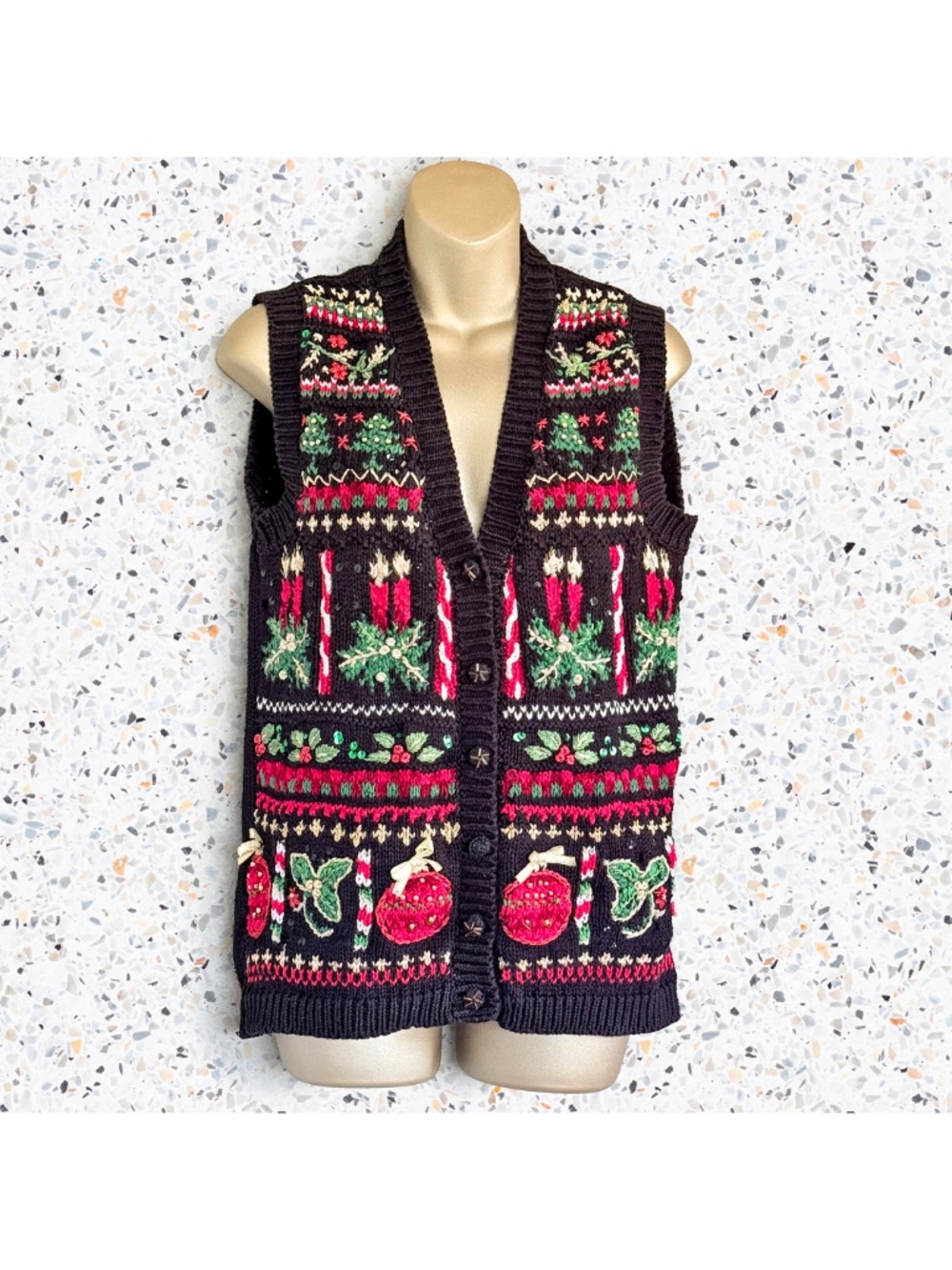 VTG 90s Ugly Christmas Sweater Vest Grandmacore Holiday Party Embroidered Knit S